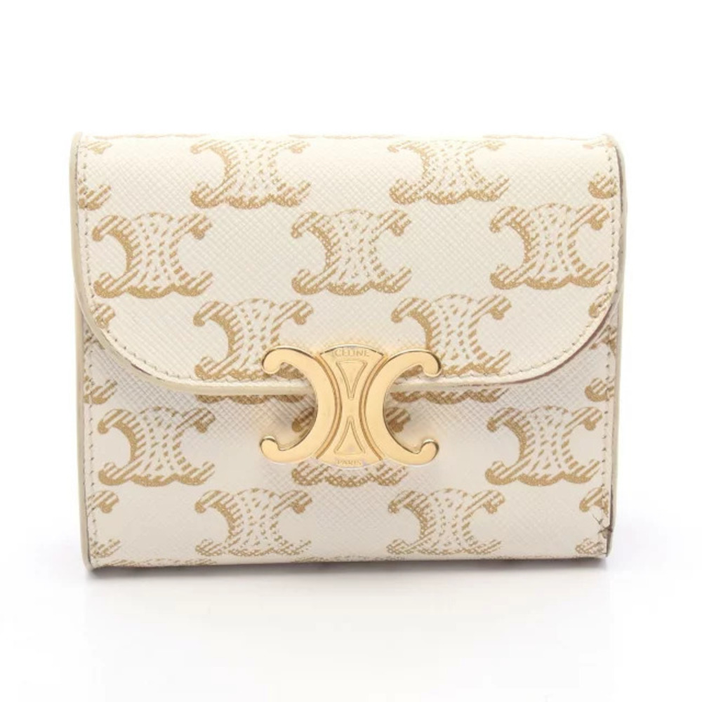 Celine Triomphe Flap Wallet Tri fold White Gold Tone